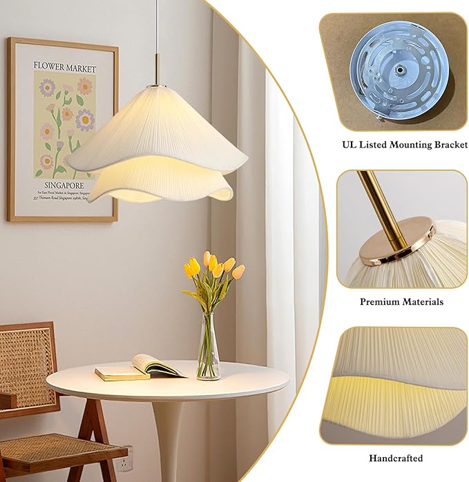 Modern Simple Hanging Lamp Cream Petal Fabric Chandelier Decoration Warm Romantic E26 Pendant Light For Indoor Living Dining Room Bedroom Home Pendant Lamp Kitchen Island Restaurant Cafe Light
