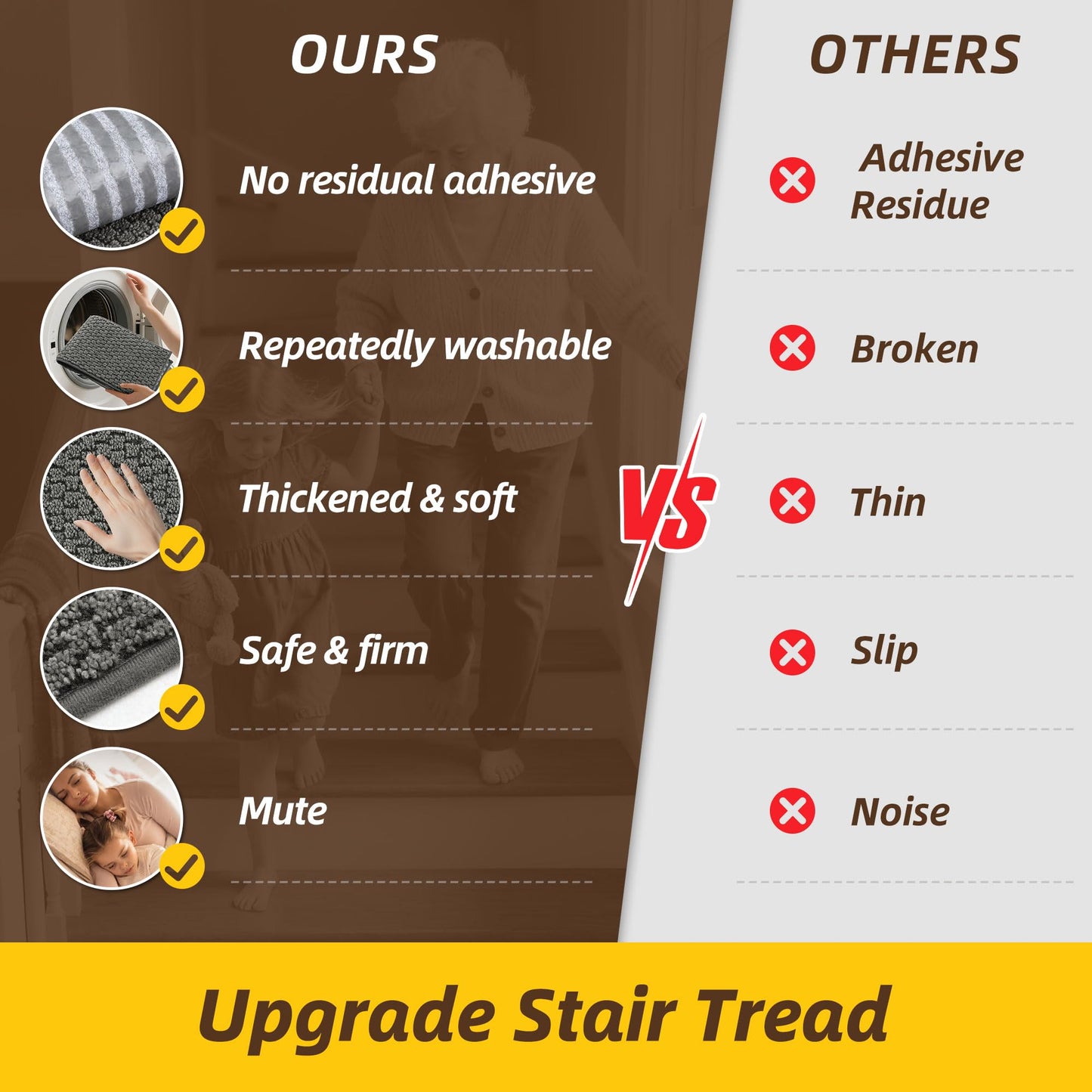 JSEI Stair Treads for Wooden Steps, 4 Pack 9" X 28" Non-Slip Machine Washable Carpet Stair Treads with TPE Backing, Soft Indoor Stair Rug Runner for Kids Elders & Pets, 100% Polyester, Grey
