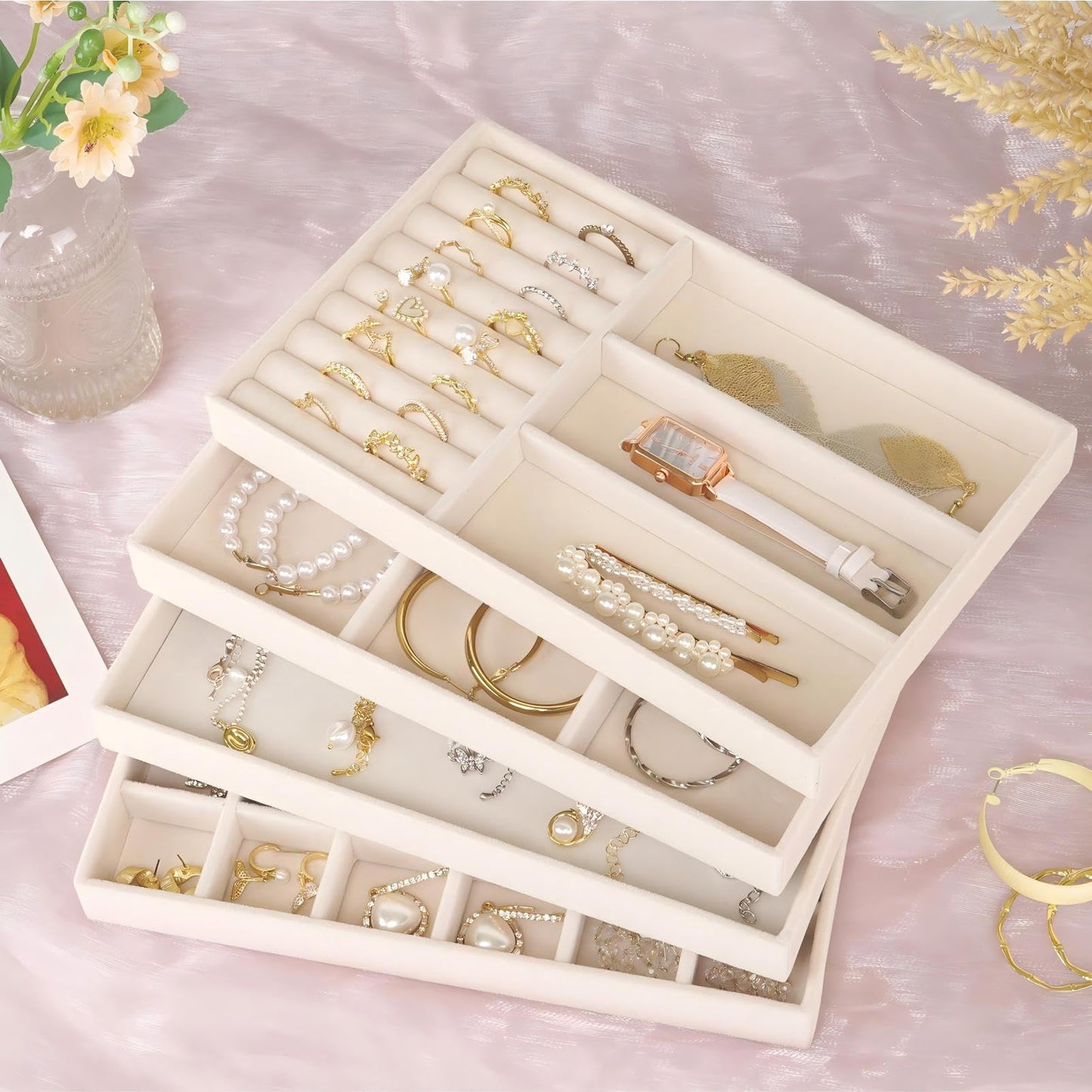 Cirhy Velvet Jewelry Drawer Organizer Trays – Stackable Jewelry Trays for Drawers, Set of 4 Jewelry Organizer for Drawer Inserts, Display Storage Box for Earrings, Rings, Necklaces, Bracelets