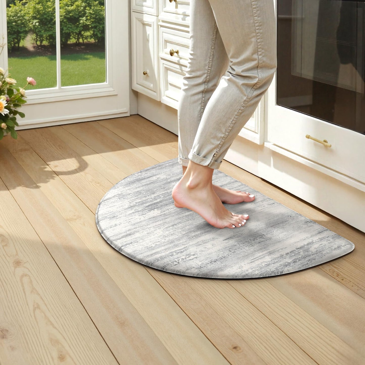 KIMODE Anti Fatigue Kitchen Mats for Floor, Abstract Half Moon Kitchen Rug 18"x28", Grey Ergonomic Standing Desk Mat, Memory Foam Kitchen Floor Mats for Laundry Office Sink