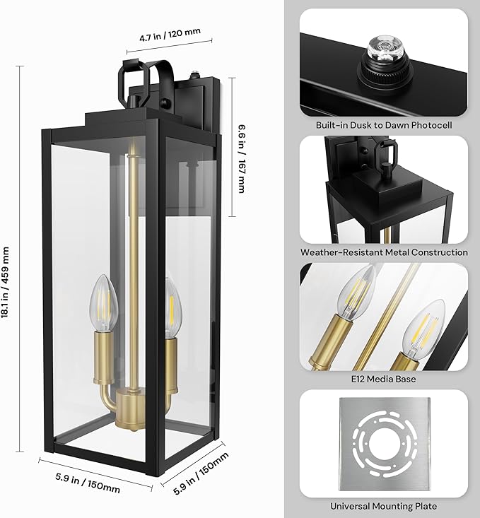 L LOHAS LED 18" Dusk to Dawn Outdoor Wall Lights, 2-Light Black and Gold Outdoor Wall Sconce Lantern with Clear Glass, Tall Transitional Exterior Light Fixtures for Porch, Garage, ETL Listed, 2 Pack