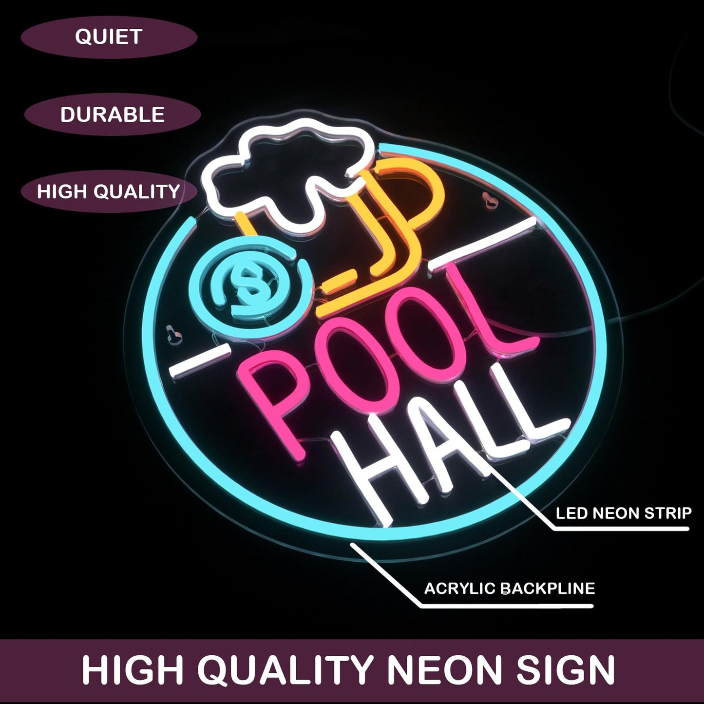 Horseneon Pool Hall Beer Neon Sign LED Light Sign Wall Decor for Pool Hall, Game Rooms, Bars, Basements & Man Caves USB Powered, Adjustable Brightness Billiards Themed Lighting