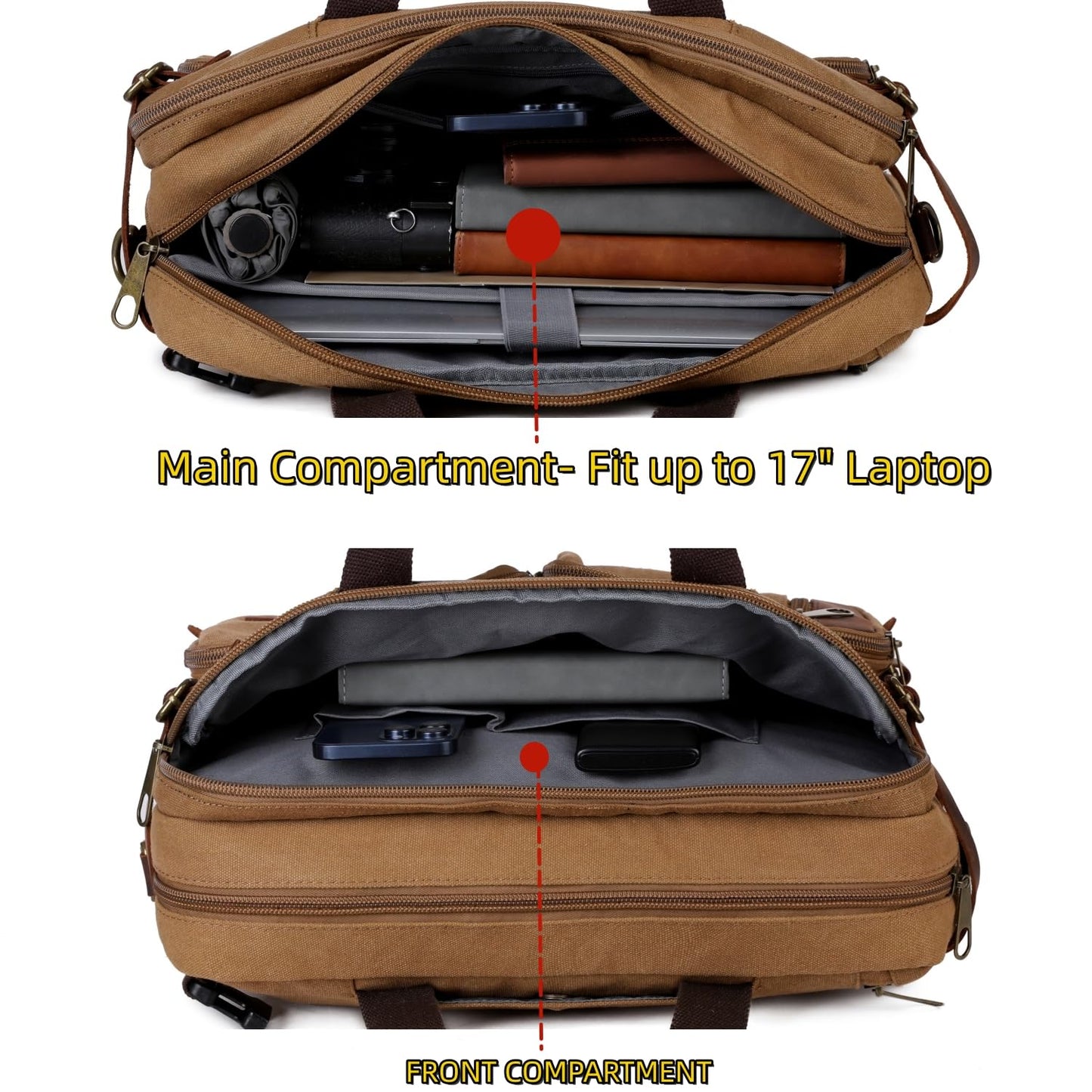 Baosha Real Leather Canvas Laptop Briefcase Backpack Hybrid Large 17 inch Laptop bag Waterproof for Men HB-22 (Brown)