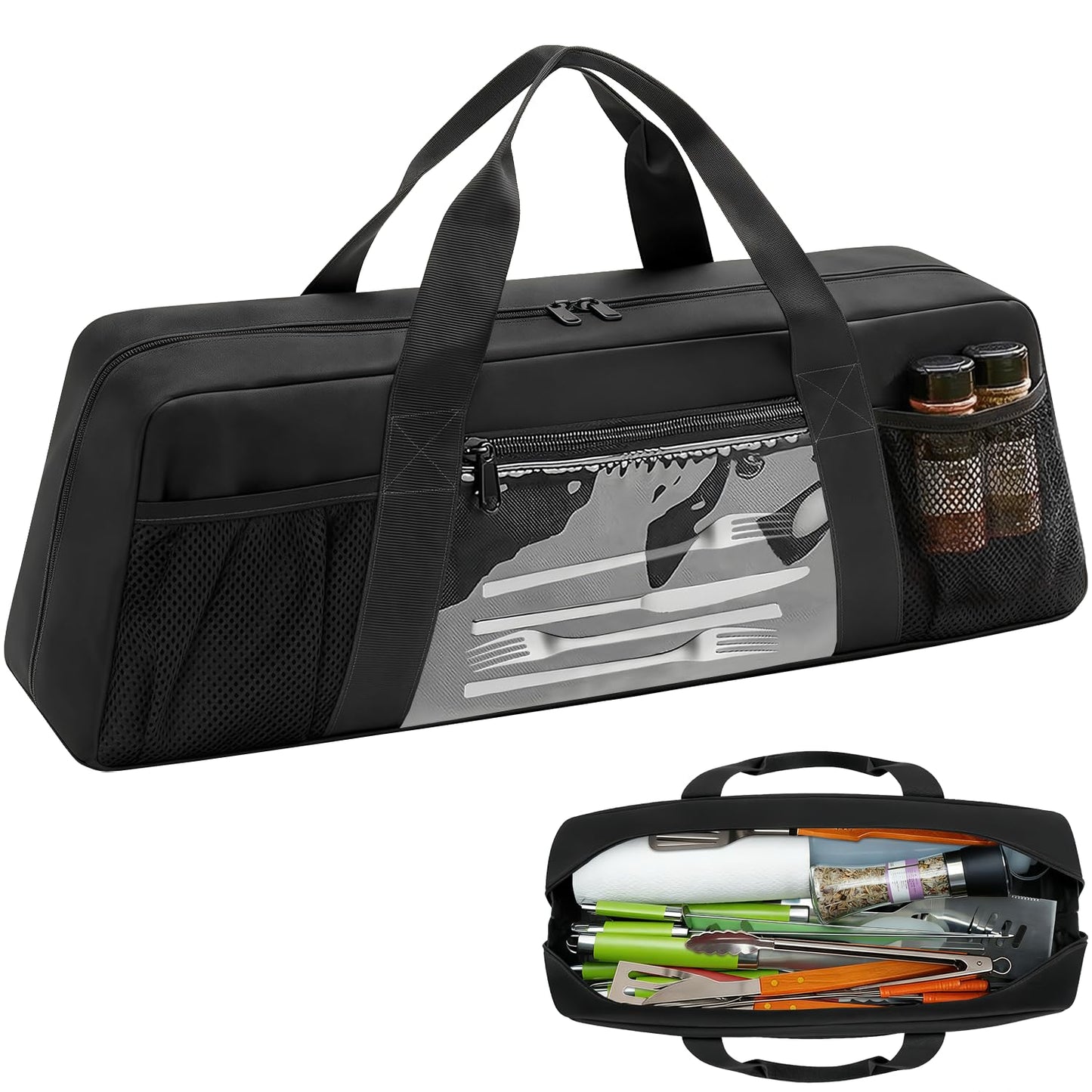 Grill Tool Storage Bag for BBQ Utensils up to 22" – Large BBQ Utensil Organizer with Pockets, Portable Barbecue Accessories Carrying Case for Camping, Outdoor Cooking (Bag Only, Black)