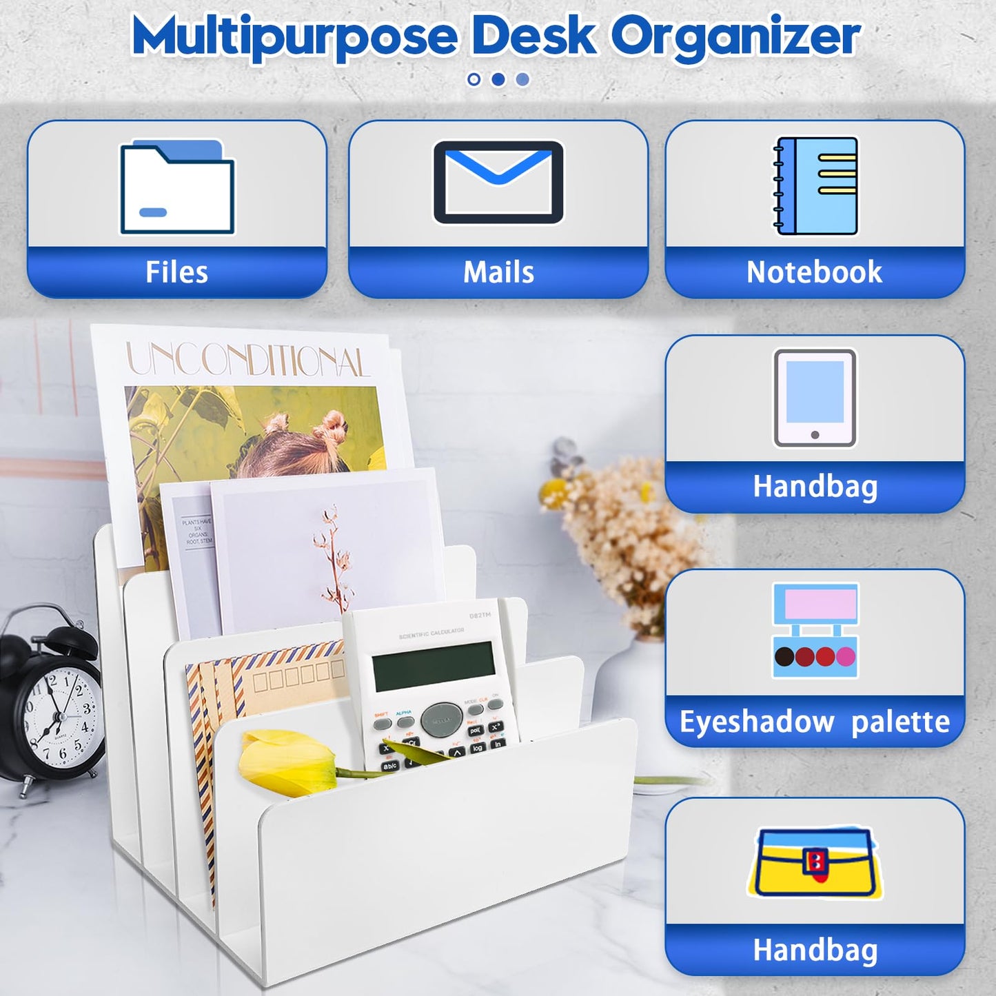 Goihgioh 4 Section White Acrylic Desk Organizer and Accessories, Sturdy & Thick Acrylic File Folder Holder Sorter, Office Supplies for Mail, Letters, Paper, Electronics