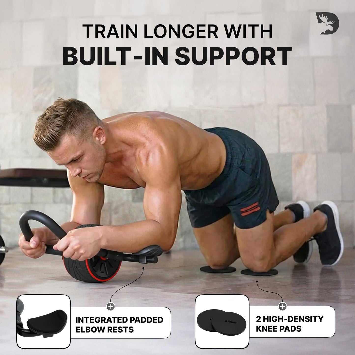 DMoose Fitness Ab Roller Wheel with Elbow Support & 2 Knee Pads - Abdominal Exercise Trainer for Core Strength Training - Ultimate Abs Workout Equipment for Home and Gym - Ab Machine for Men & Women (Black)