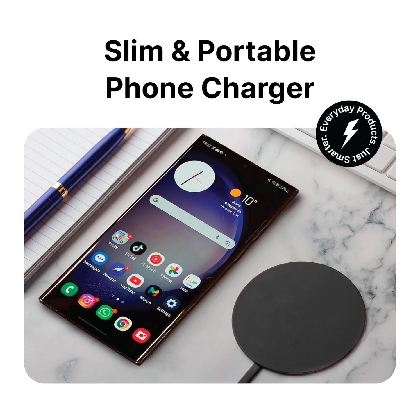 IJS Ultra Slim Universal Fast Wireless Charger - Phone Charger Compatible with All Qi Enabled Phones - Smart Round Fast Charging Pad for Multiple Devices (Black)
