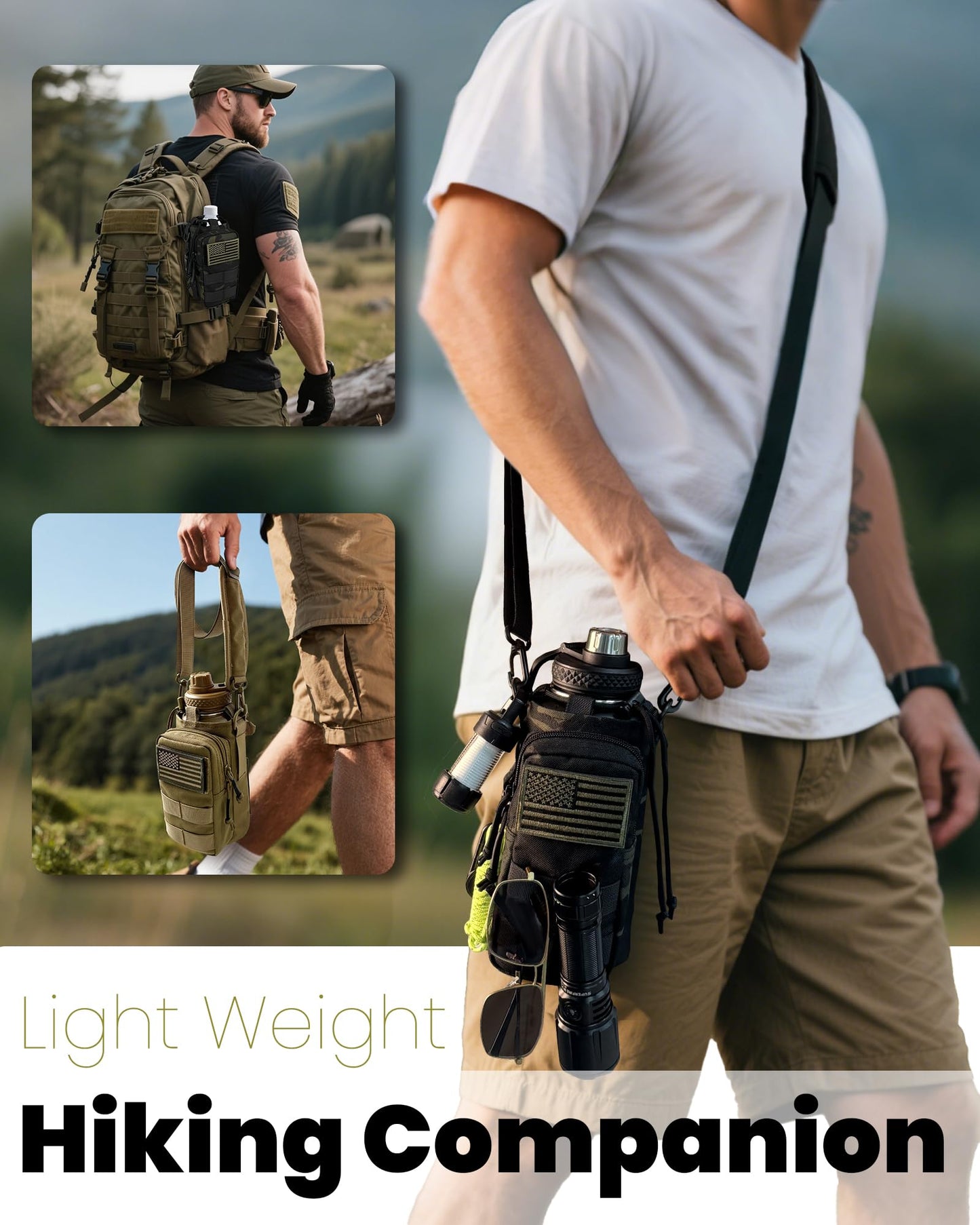 DEFUNX 32 Oz Water Bottle Holder with Strap Bottle Carrier Bag with Phone Pocket MOLLE System for Walking Black Camo