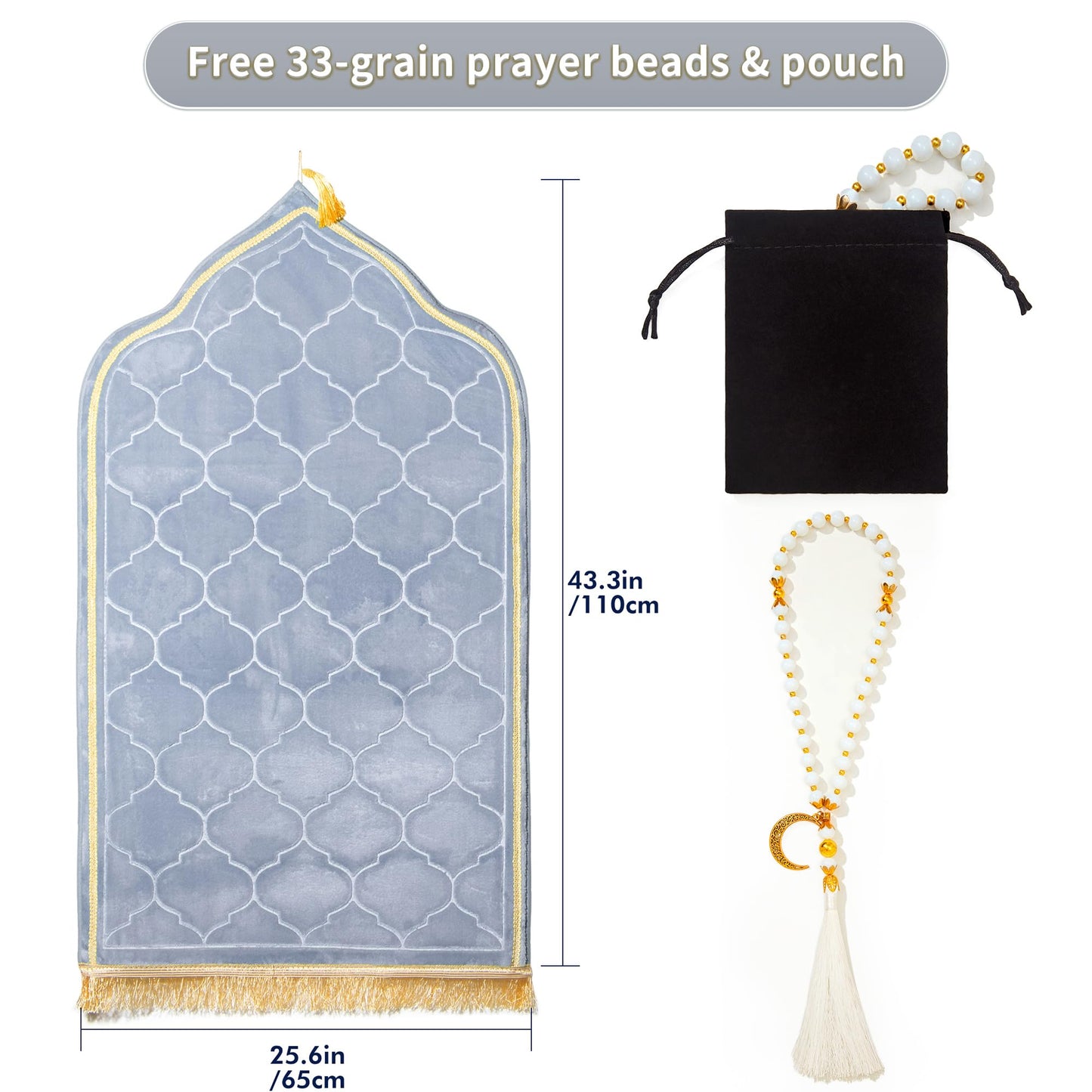 YAZEIN Muslim Prayer Rug with Tasbih Prayer Beads, Soft Memory Foam Prayer Matt Islam, Padded Islamic Prayer Mat Thick for Men and Women, Janamaz, Sajadah (25.6" x 43.3", Grey)