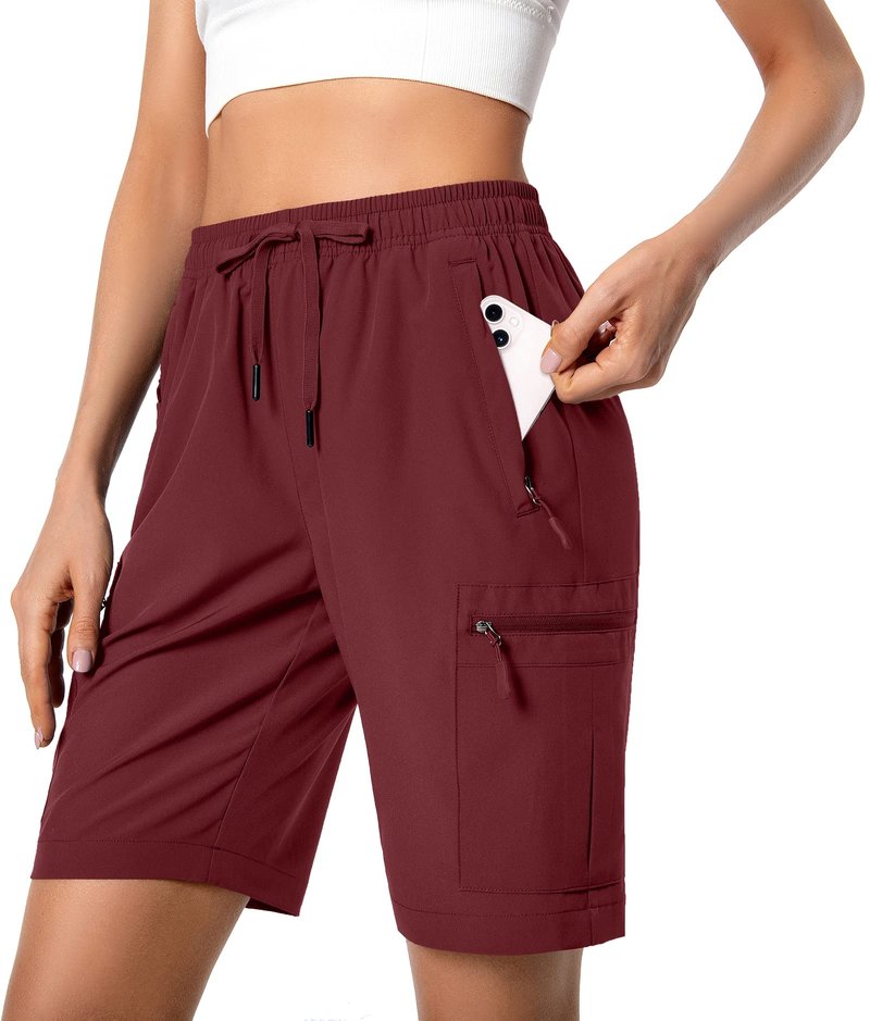 Hugut Women's Lightweight Hiking Cargo Shorts Quick Dry Athletic Shorts Camping Travel Golf Zipper Pockets Water Resistant Maroon