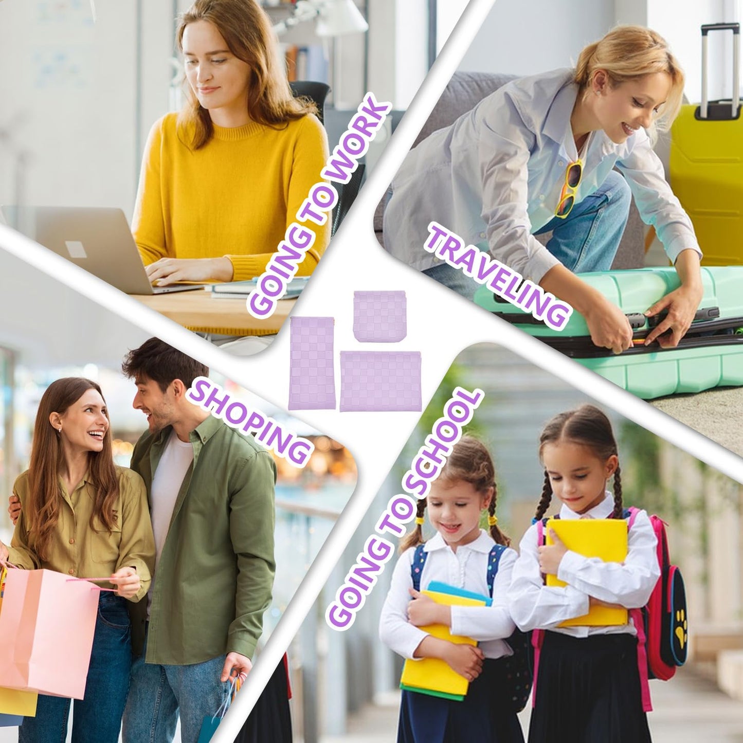 3PCS Small Makeup Bag for Women, Mini Cosmetic Bags Leather Pocket Pouch Purse,Snap Closure Waterproof Portable Bag,Checkered Storage Travel Bag for Lipstick Change Glasses Coin Cards (Purple)