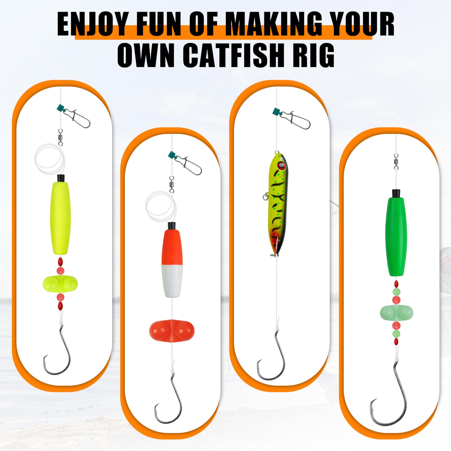 SILANON Catfish Rig Tackle Making Kit,135pcs Catfishing Tackle Accessories with Catfish Floats Catfish Hooks Swivels Fishing Rattles Bells Beads Bobber Stoppers Catfishing Gear Equipment