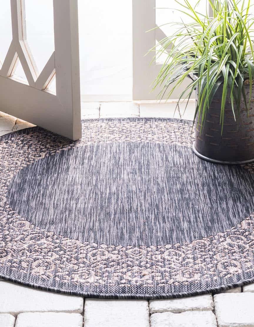 Unique Loom Outdoor Border Collection Area Rug - Floral Border (13' Round, Charcoal Gray/ Beige)