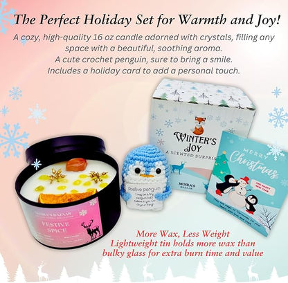 Moira's Bazaar Winter's Joy Gift Set – 16 Oz 50 Hr Scented Candle with Crystals & a Crochet Positive Penguin | Christmas, Holiday, or Motivational Gift, Artisanal Luxury Fragrances (Festive Spice)
