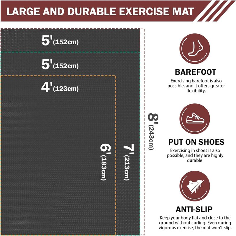 Stepwaver Extra Large Exercise Mat, 8'x5' (6mm) Thick Workout Mat for Home Gym & Garage Flooring, Shoe-Friendly, Non-Slip, Ultra Durable, Thick Large Workout Mats for Home Workouts