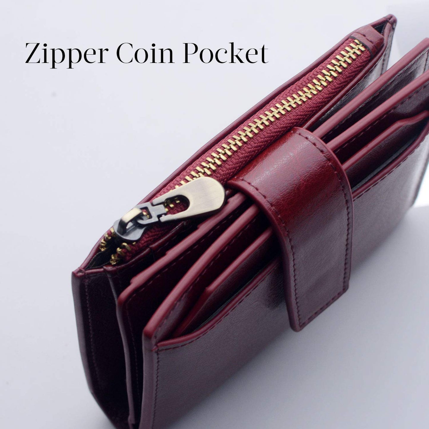 Bveyzi Women's Small Leather RFID Blocking Bifold Zipper Pocket Wallet Ladies Credit Card Slots Purse with id Window(Wine Red)