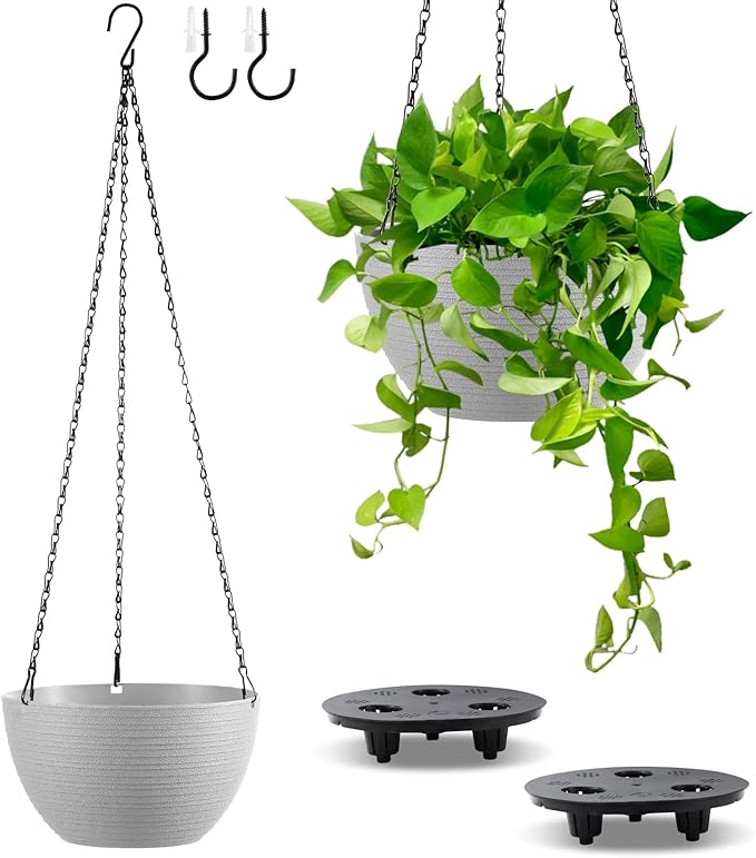 Set of 2 8 Inch Self Watering Hanging Planters for Indoor Outdoor Plants, Light Textured Hanging Baskets Flower Pots with Drainage Hole & Plug and 20" Chain Hanger