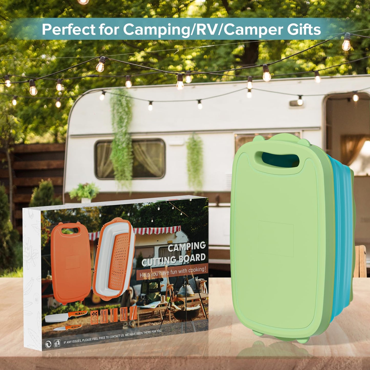 Gintan Camping Cutting Board, 9-in-1 Collapsible Chopping Board with Colander, Kitchen Vegetable Washing Basket for Camping, Camping Gifts Camping Accessories for RV Campers (Blue+Grey)