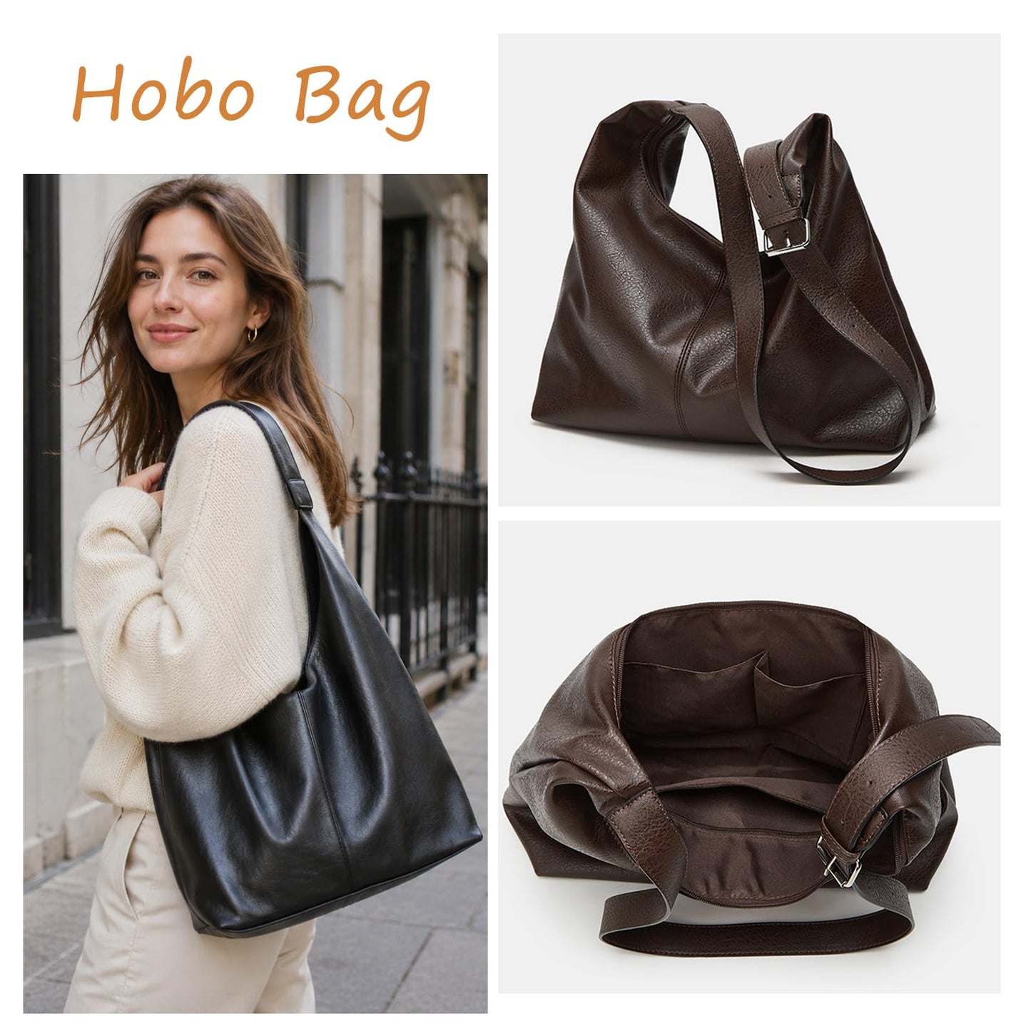 SongKedora Women Large Hobo Bags Vegan Leather Shoulder Handbag Slouchy Tote Purses for Travel Shopping (Coffee)