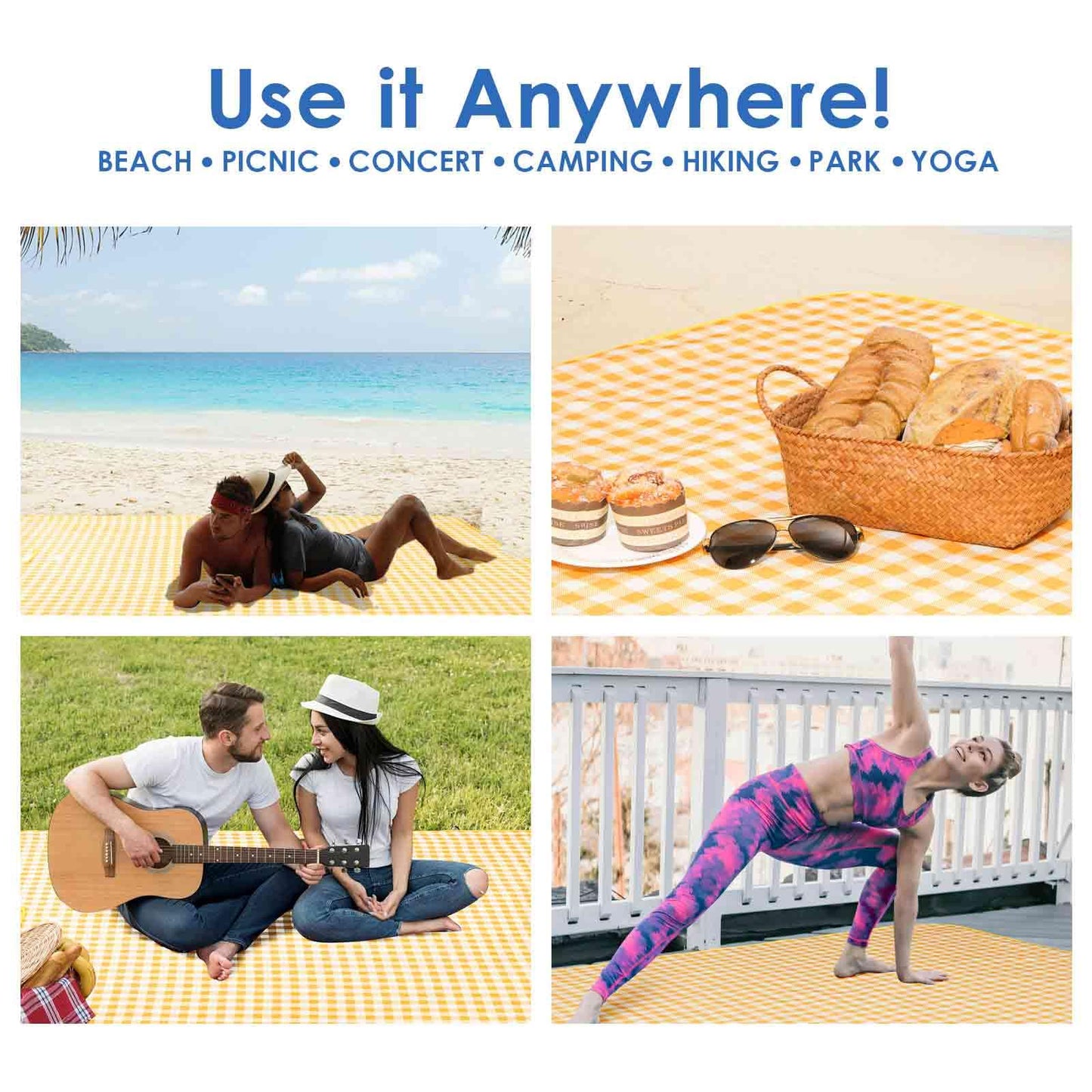 Picnic Beach Blanket Extra Large, XL Sandproof Waterproof Outdoor Camping Blankets 80x60in, Sand Free Oversized Mat, Quick Drying Portable Mats for Travel, Hiking, Music Festival, Lawn-Yellow