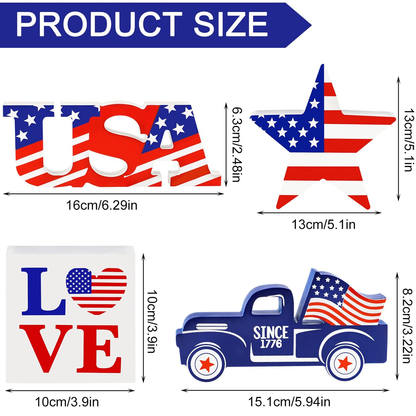 4th of July Decor Patriotic Decorations 4Pcs Wooden Star USA LOVE Car Sign Fourth of July Table Decorations Memorial Day Red White and Blue Decor