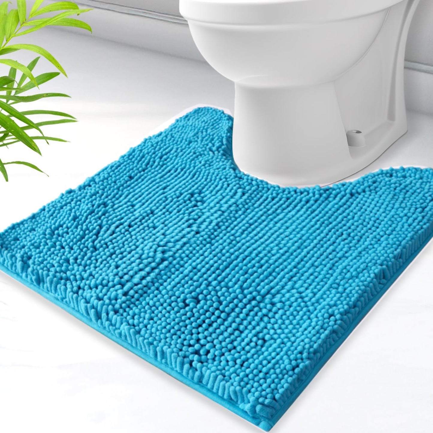 AINAHYVA U-Shaped Toilet Rug, Chenille Contour Bathroom Mat, Non-Slip PVC Backing, Machine Washable, 20x20, Aqua Blue