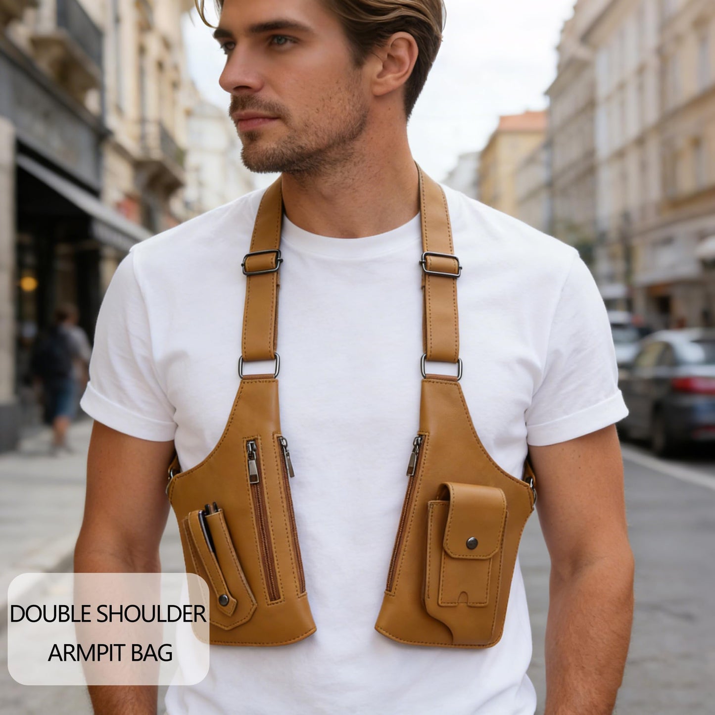 GLAMZLELE Double Shoulder Armpit Bag for Men Chest rig Underarm Anti-Theft Adjustable Pocket with Double Shoulder Straps Phone Wallet 2026 (Brown)