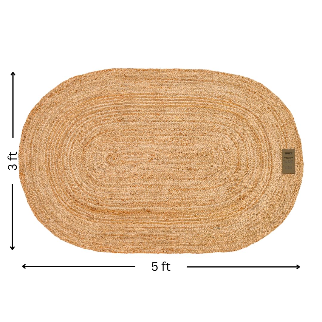 OHOMLY LIVING Handcrafted Jute Braided Rug 3x5 Feet Oval - 100% Natural Jute Area Rug - Rustic Farmhouse Boho Accent Rug for Living Room Bedroom Kitchen Entryway Reversible Handwoven Floor Rug