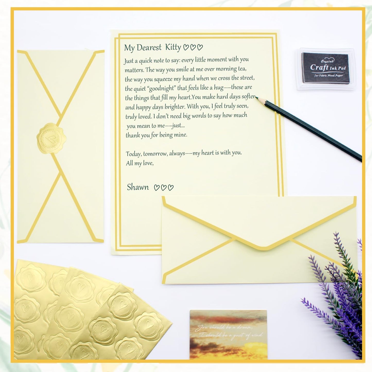 Zooyinfy 30 Pack Stationery Paper Set with Gold Border Including #10 Business Envelopes and 8.5x11 Paper Sheets 30 Gold Stickers for Love Letters and Party Invitations (Cream Color)