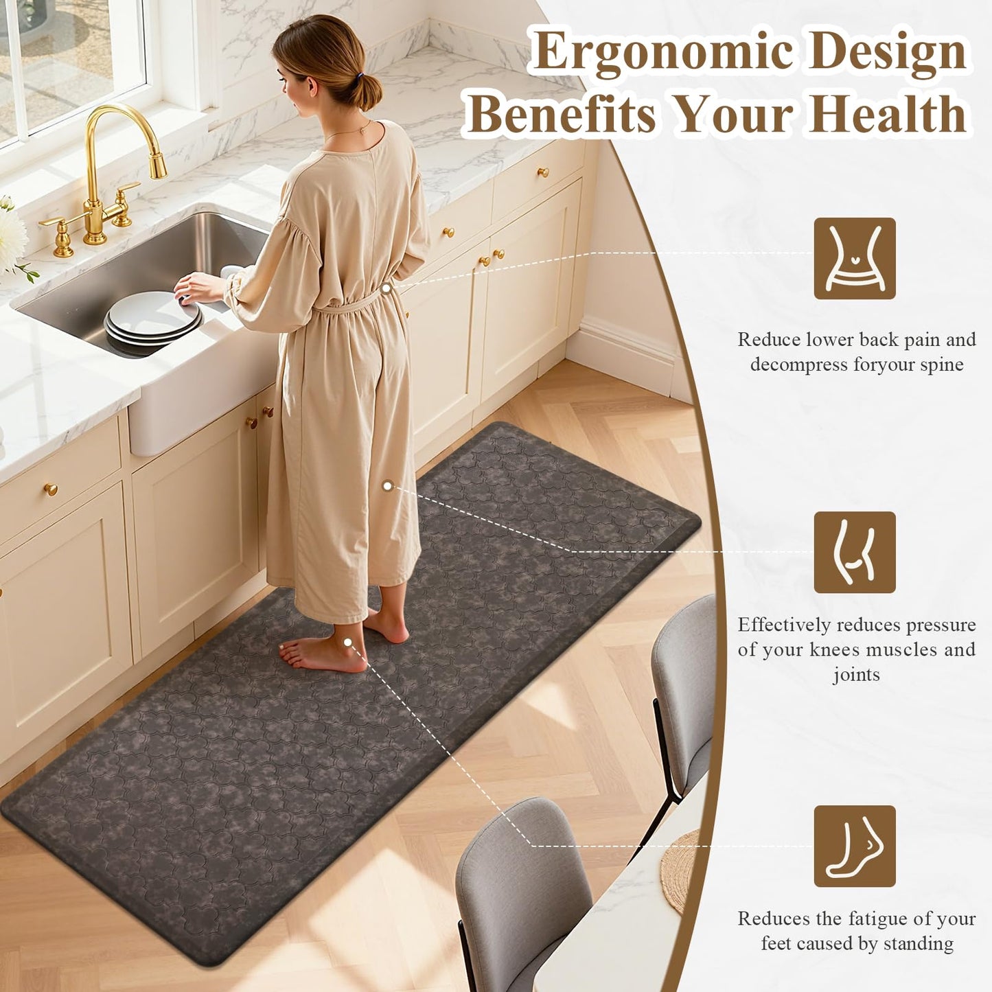 HEBE Kitchen Mat Cushioned Anti Fatigue Comfort Floor Mat Oversized 20"x60" Waterproof Non Slip Kitchen Rug Runner Laundry Room Rug Floor Carpet Heavy Duty Comfort Standing Mat Pads, Brown