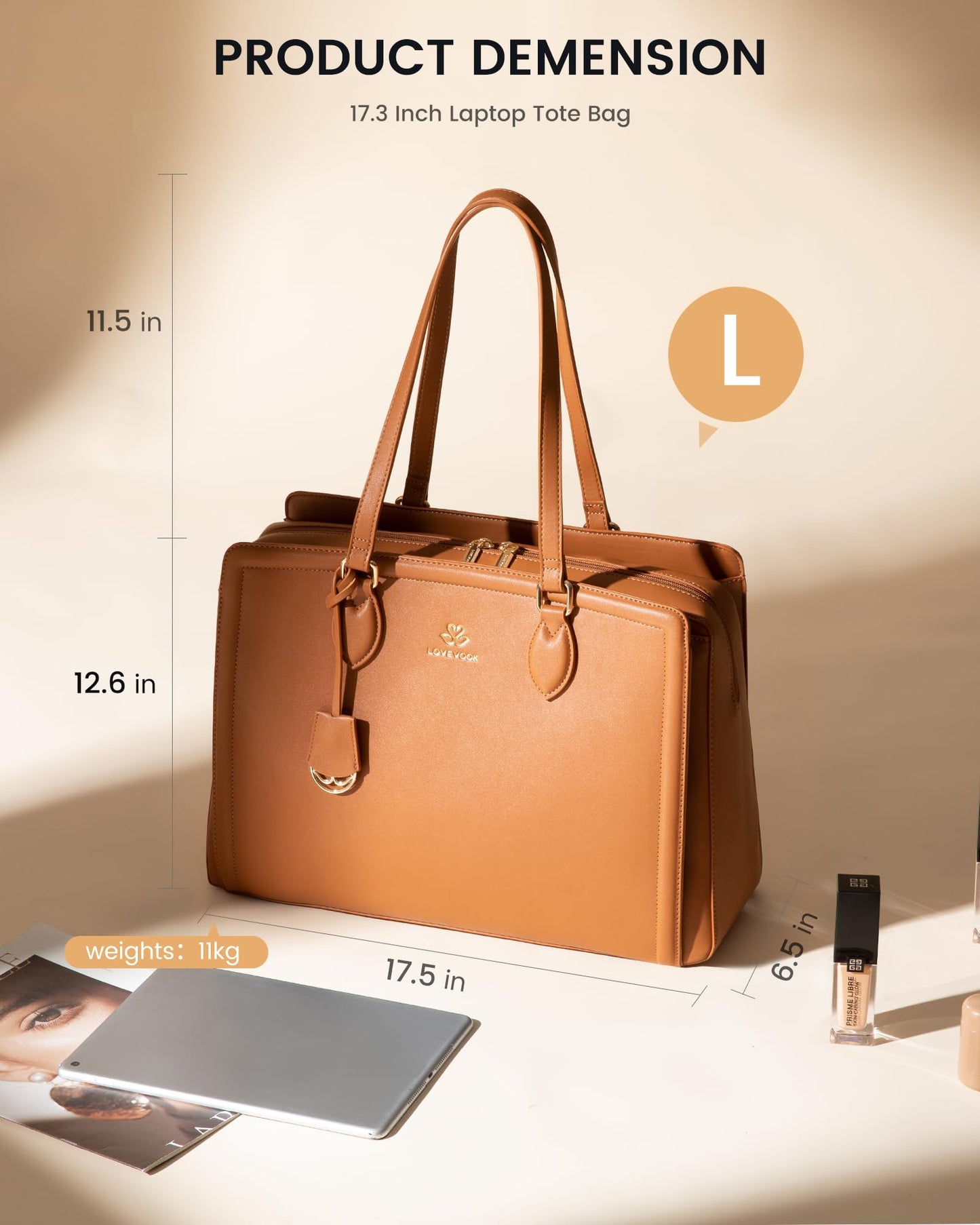 LOVEVOOK Laptop Tote Bag for Women,17.3 Inch Waterproof PU Leather Work Bag, Professional Computer Bags Business Office Work Briefcase Handbag Purse Shoulder, Office Gifts for Women, Brown