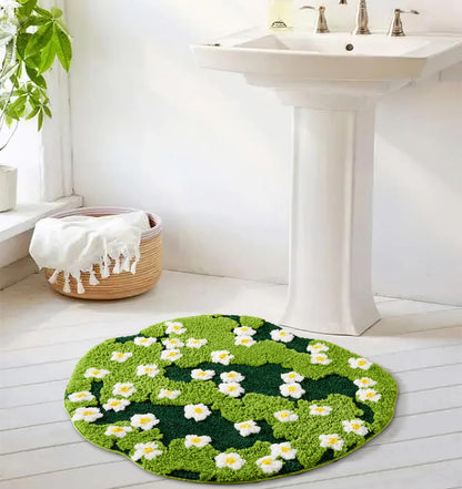 Ouyattle Cute Green Floral Large Bathroom Rugs Bath Mat 3ft Non Slip Washable, Modern Chic Boho Aesthetic Trendy Funky Microfiber Shaggy Tufted Grass Rugs for Bedroom Dorm Nursery Bathroom Kitchen