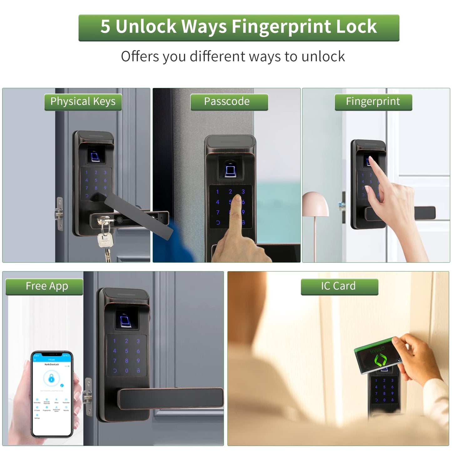 Harfo Smart Door Lock, Heavy Duty 5 in 1 Keyless Entry Door Lock, Full App Control Digital Keypad Lock, Reversible Handle with Fingerprints and Passcodes for Family/Office/Apartment (Gold)