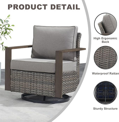 Rilyson Outdoor Wicker Patio Furniture Set - 4 Piece Patio Conversation Set with 2 Wicker Swivel Rocker Chairs,2 Rattan Ottoman, Thick Cushions, Deep Seating, Wide Armrest(Mixed Grey/Grey)