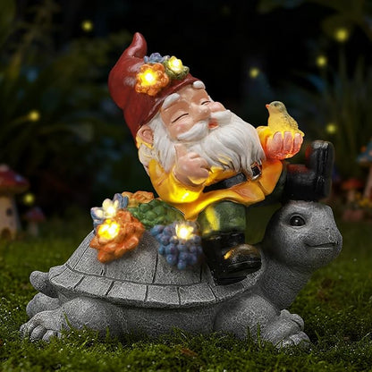 Solar Gnome on Turtle Statue Light, Weatherproof Resin Garden Decor Auto On/Off - Whimsical Night Glow for Fairy Garden,Yard