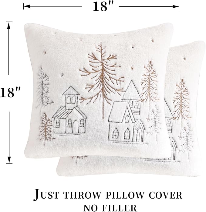 Christmas Throw Pillow Covers 18x18 Set of 2,Soft Plush Faux Fur Christmas Pillows Covers Embroidery Decorative Throw Pillows for Couch Bedroom Holiday Festivals Winter Home Decor