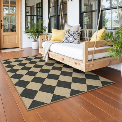 Lessymo Checkered 3x5 Outdoor Patio Rug, Washable Easy Jute Rugs for Entryway Indoor Outdoor Living Room Carpet, Farmhouse Non Slip Door Mat for Backyard Bedroom, Diamond Black/Beige