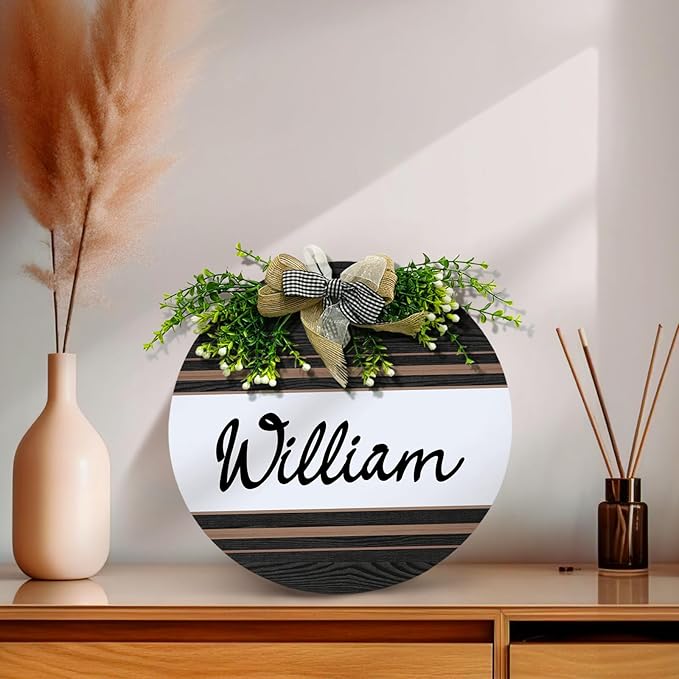 Personalized Front Door Signs with Wreath Custom Rustic Family Name Round Wooden Sign with Bow Welcome Farmhouse Customized Hello Door Hanging Sign for Home Wall Outdoor Indoor 12x12 Inch
