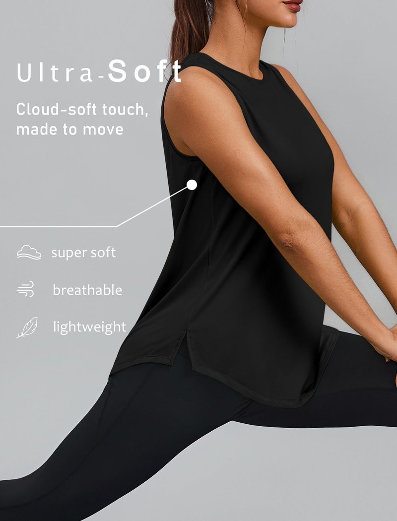 PINSPARK Womens Workout Tank Tops Sun Protection Athletic Tennis Top Crew Neck Running Tops Sleeveless Yoga Muscle Tank Hip Length Gym Shirts Loose Fit, Black Medium