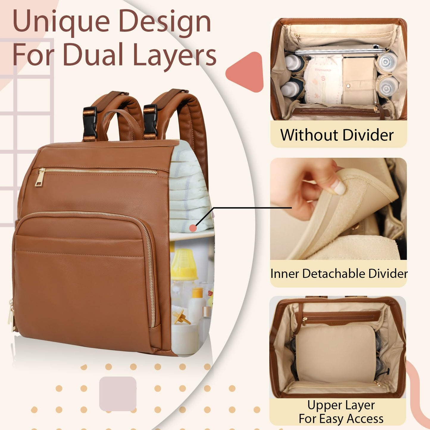 Omanmoli Diaper Bag Backpack Leather Large Baby Diaper Bag Essentials With 18 Organizing Pockets,6 Insulated Pockets,USB Charging Port,Stroller Straps,Changing Pad (Brown)