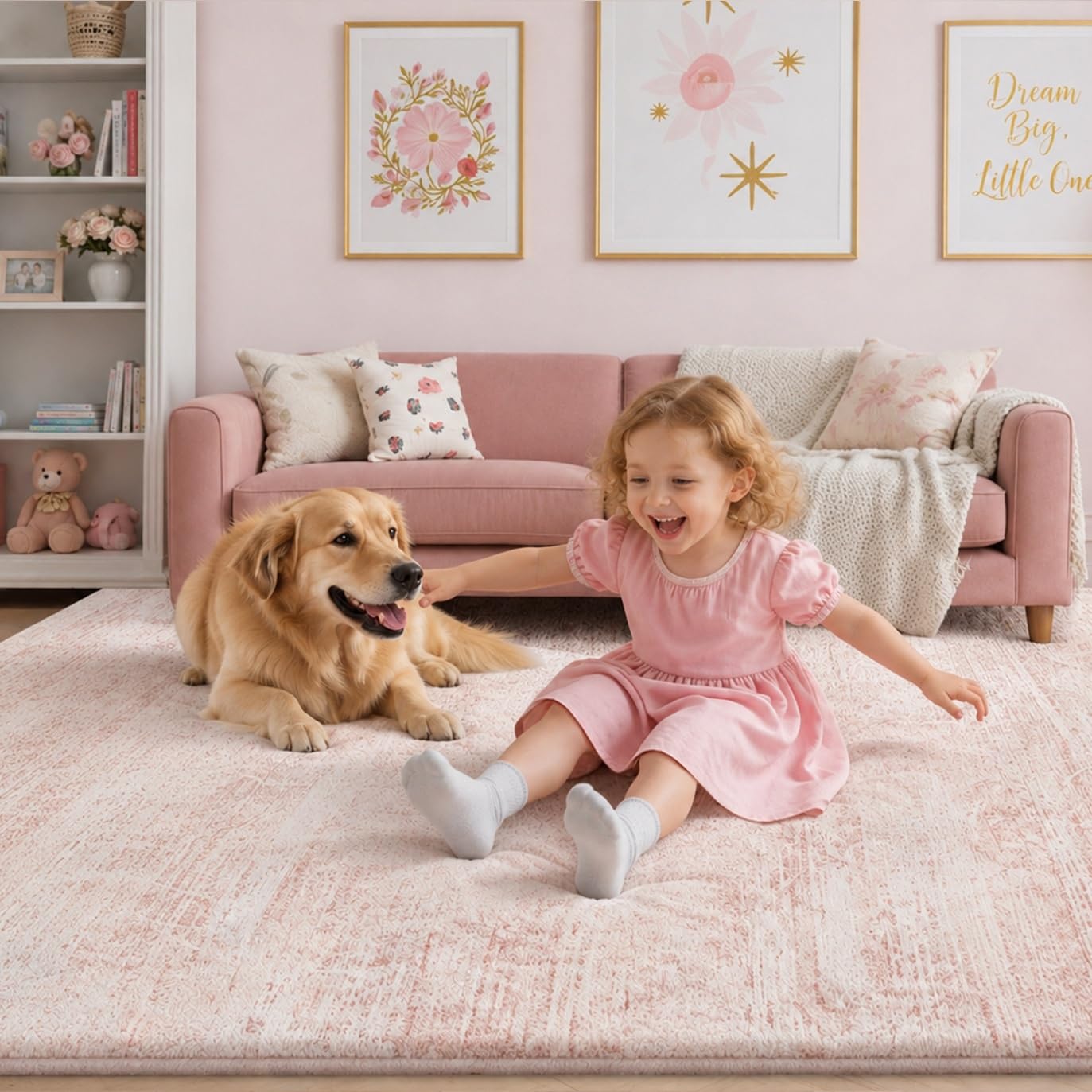 Latte&Fog Ultra Soft Thick Plush Bounce-Back,5x7 Area Rugs for Living Room, High Pile Resilient Padded Cloud-Like Pink Rug for Girls Bedroom, Kids Nursery, Dorm, Non Slip Carpet for Playroom Classroom