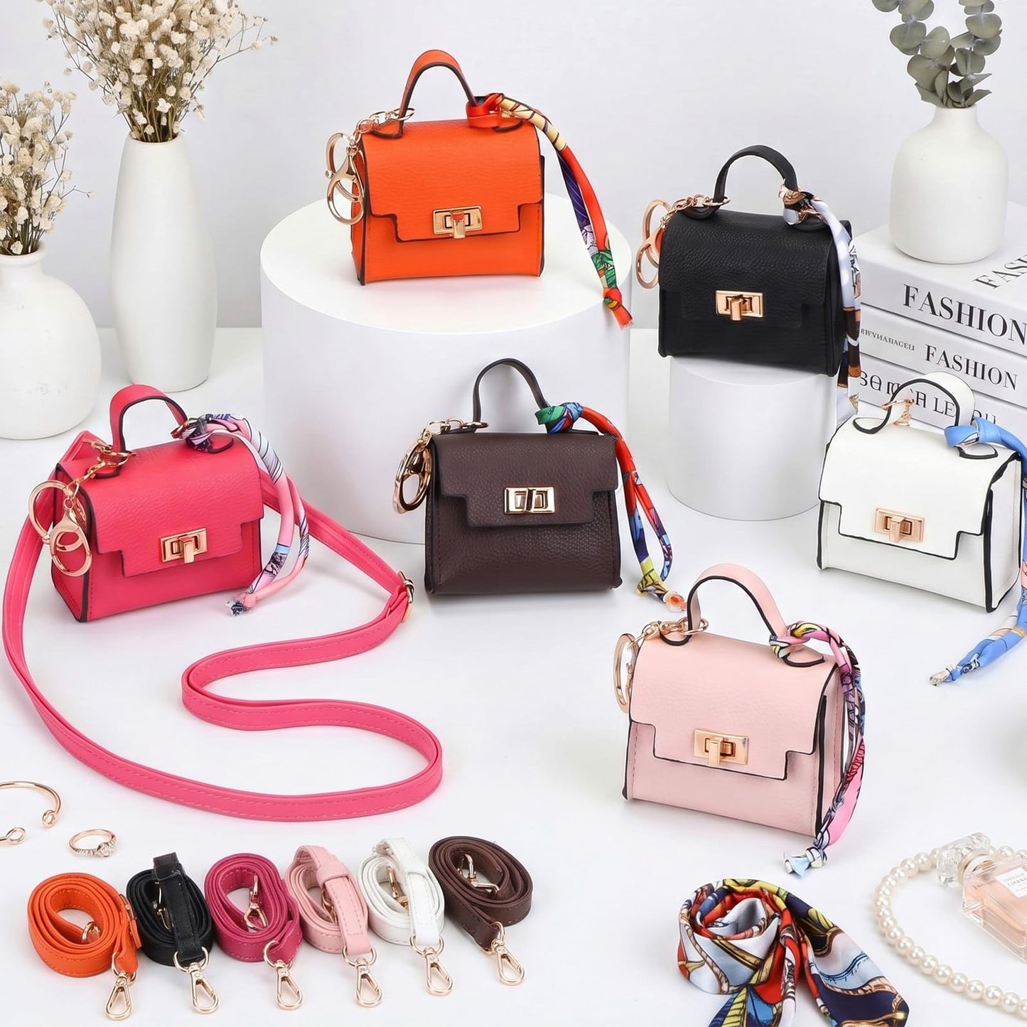 Shinylin 6 Pcs Mini Backpack Keychain Cute Cosmetic Bag for Women PU Leather Makeup Bag Key Pocket Lipstick Bags Card Holder Data Cable Organizer Zipper Pouch with Lanyard Ideal for Gift (Elegant)