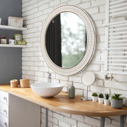 26 inch Round Mirrors for Wall Wood Circle Mirror with Carved Frame Rustic Accent Distressed Decorative for Living Room Bedroom Vanity Entryway Hallway Bathroom - White