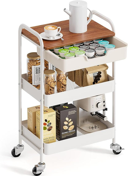 TOOLF 3 Tier Metal Utility Rolling Cart - White Storage Cart with Drawer and Wooden Table Top, Trolley Kitchen Organizer Rolling Desk with Locking Wheels for Office, Classroom, Home, Bedroom