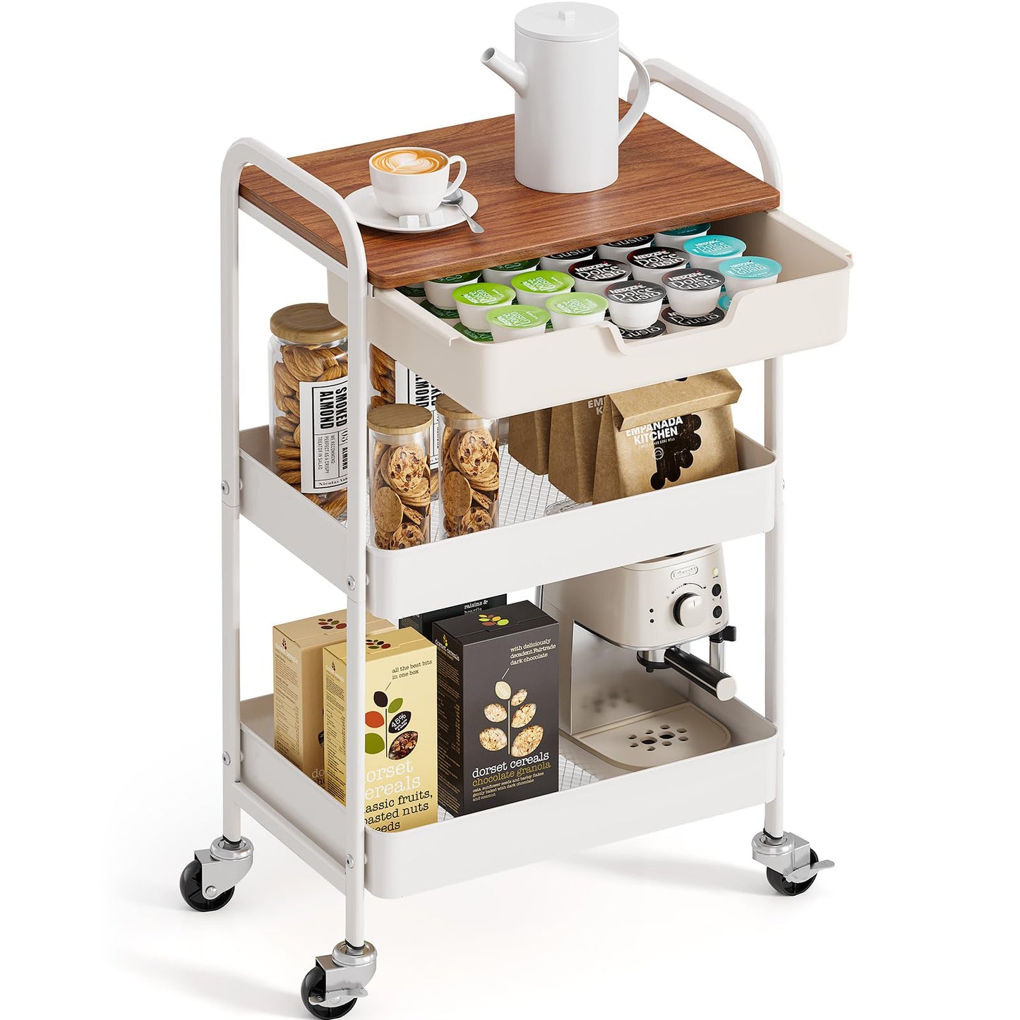 TOOLF 3 Tier Metal Utility Rolling Cart - White Storage Cart with Drawer and Wooden Table Top, Trolley Kitchen Organizer Rolling Desk with Locking Wheels for Office, Classroom, Home, Bedroom