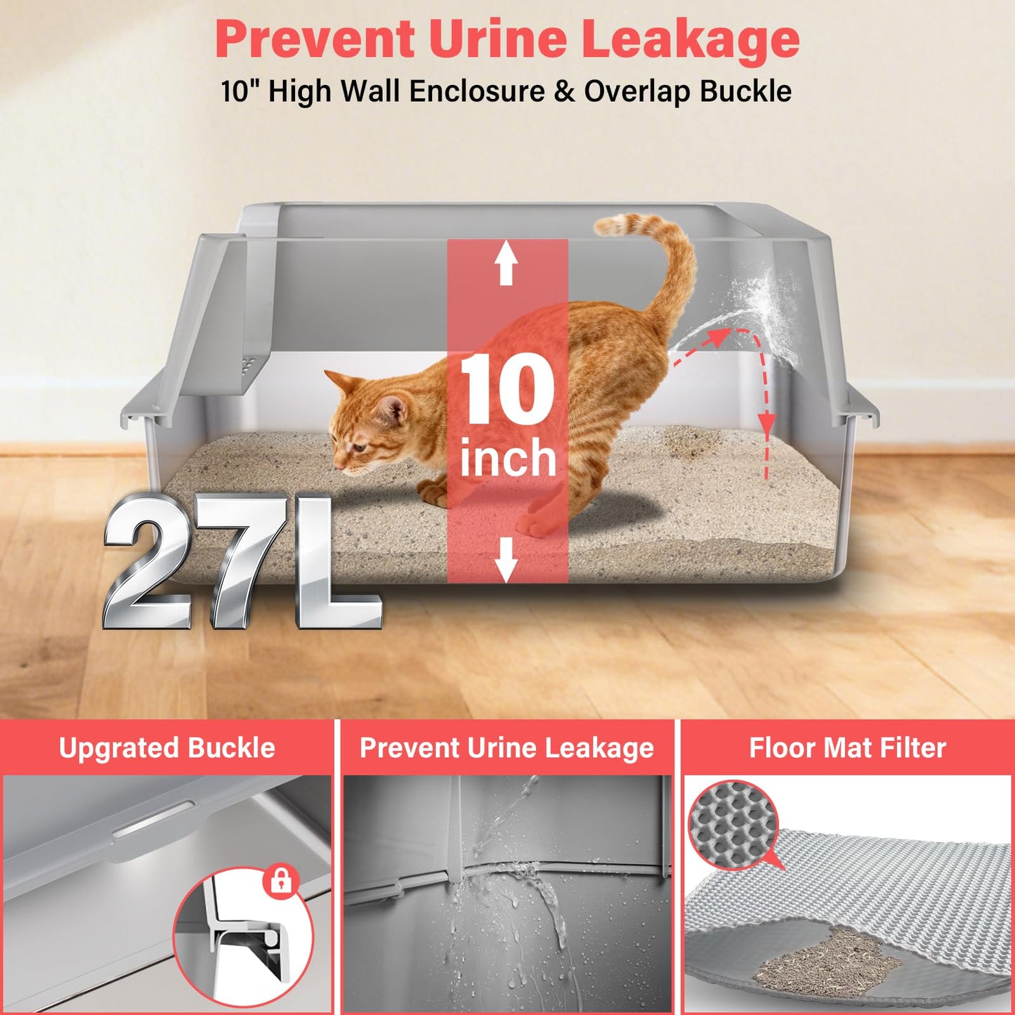 Stainless Steel Cat Litter Box, Extra Large XL Metal Litter Box with High Sides Lid, Never Absorbs Odors, Anti-Urine Leakage, Non-Sticky, Include Littter Mat & Scoop