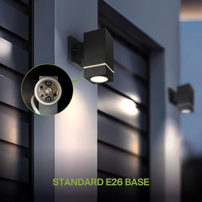 ASD 1 Light Square Outdoor Wall Light Fixture | 60W E26 Bulb Socket 120V ETL Cylinder Up Down Lights | LED/CFL/Incandescent Bulb Exterior Wall Sconce | Front Door, Porch Patio | Ringed Black, 6 Pack