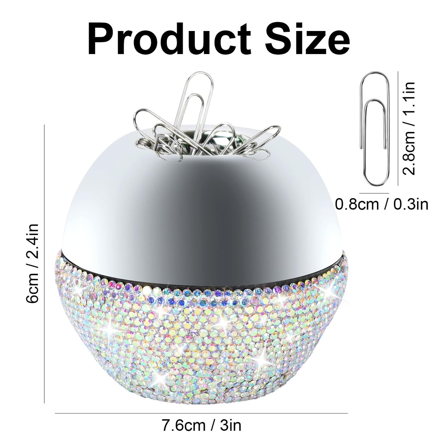 etspolt Rhinestone Paper Clip Holder, 100 Pcs 28mm(1.1") Paper Clips in Bling Sliver Round Magnetic Paper Clip Dispenser, Paperclip Holders for Desk Organizer (White)