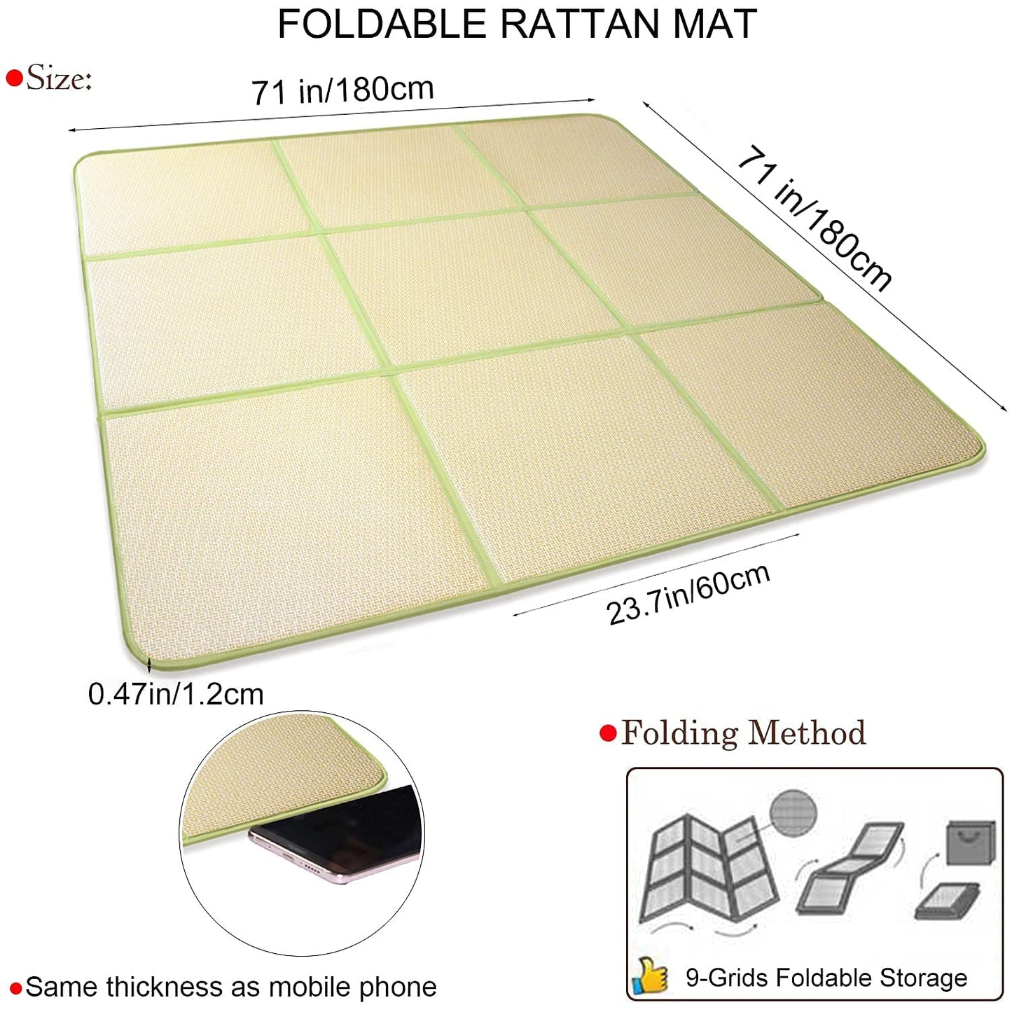 Nisorpa 71'' x 71'' Japanese Tatami Mat Igusa Tatami Mattress 0.47'' Thick Japanese Floor Mattress Rattan Non-Slip Breathable Memory Foam Area Rug Bedroom Mat, Green
