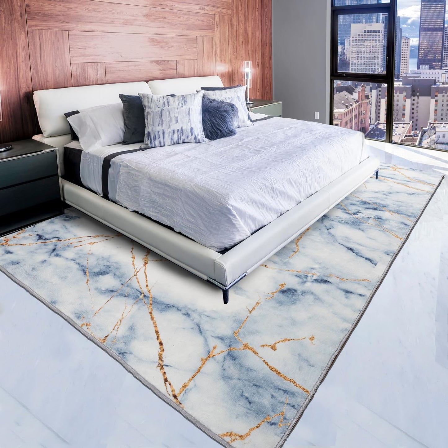 HOISUN Non-Slip Marble Pattern 6x9ft Area Rug with Gold Veins,Low Pile Modern Minimalist Design, Durable & Easy - Clean, Perfect for Living Room, Bedroom, or Dining Room-Blue